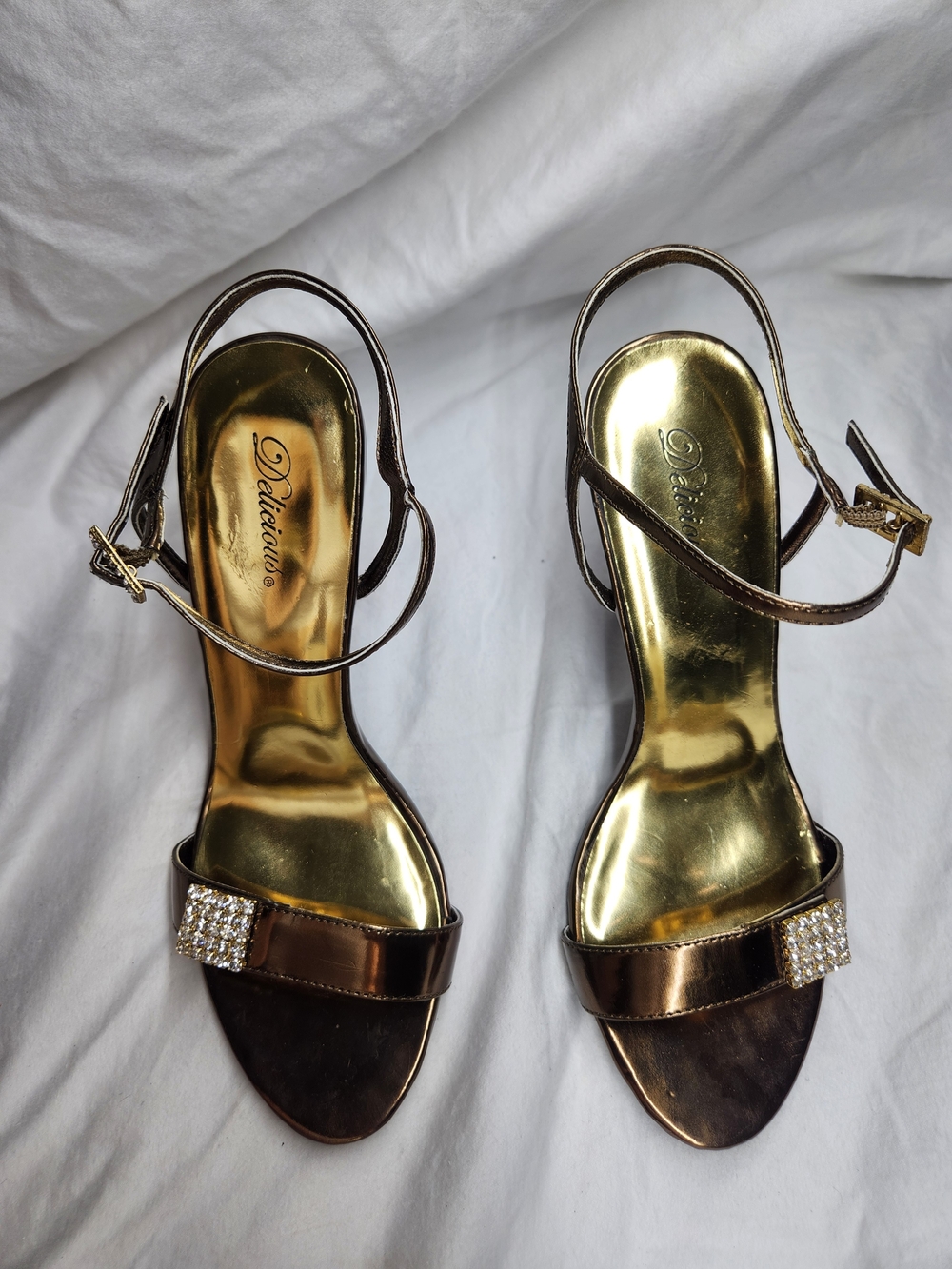 Delicious Metallic Bronze Slingback Heels with Crystal Buckle